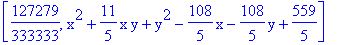 [127279/333333, x^2+11/5*x*y+y^2-108/5*x-108/5*y+559/5]